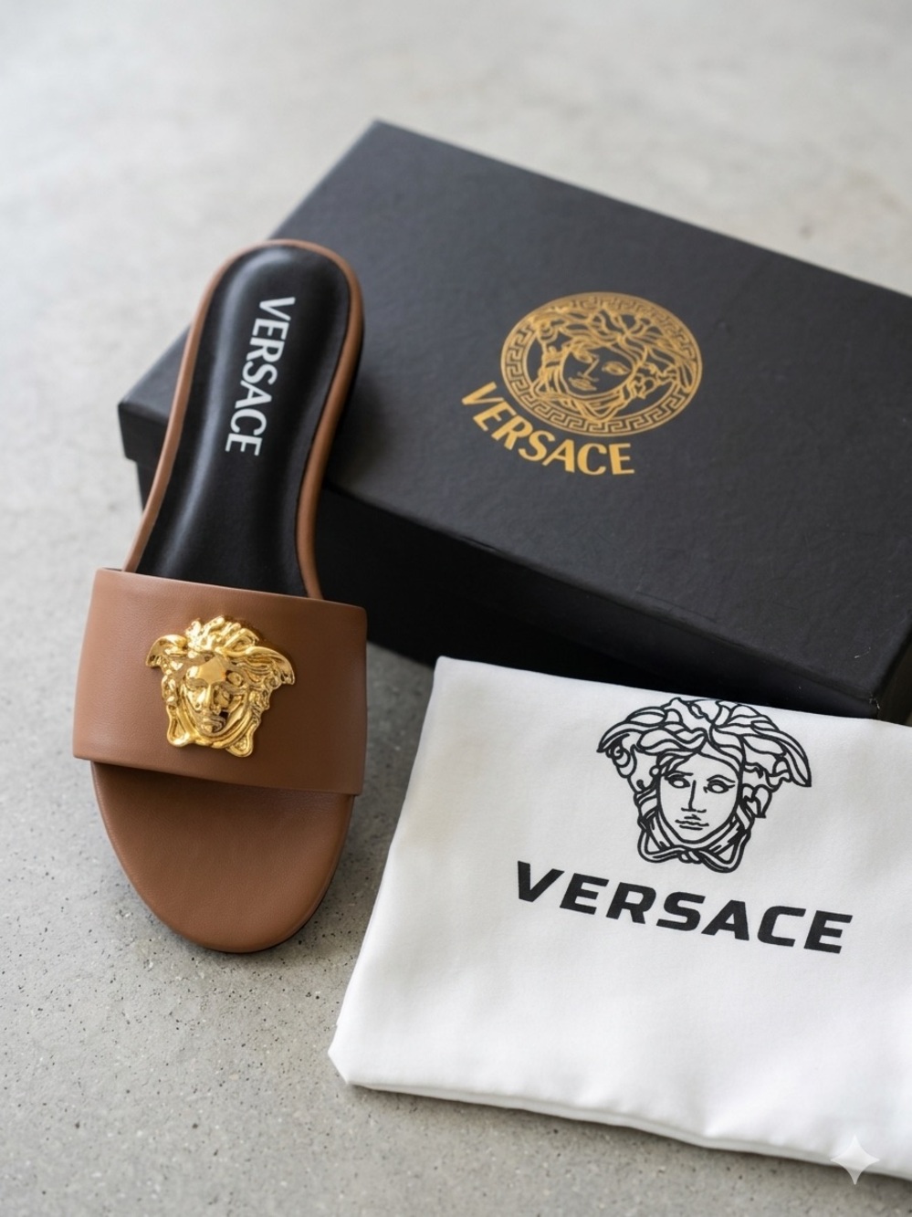 Versace Brown Leather Slide Sandals with Gold Medusa
